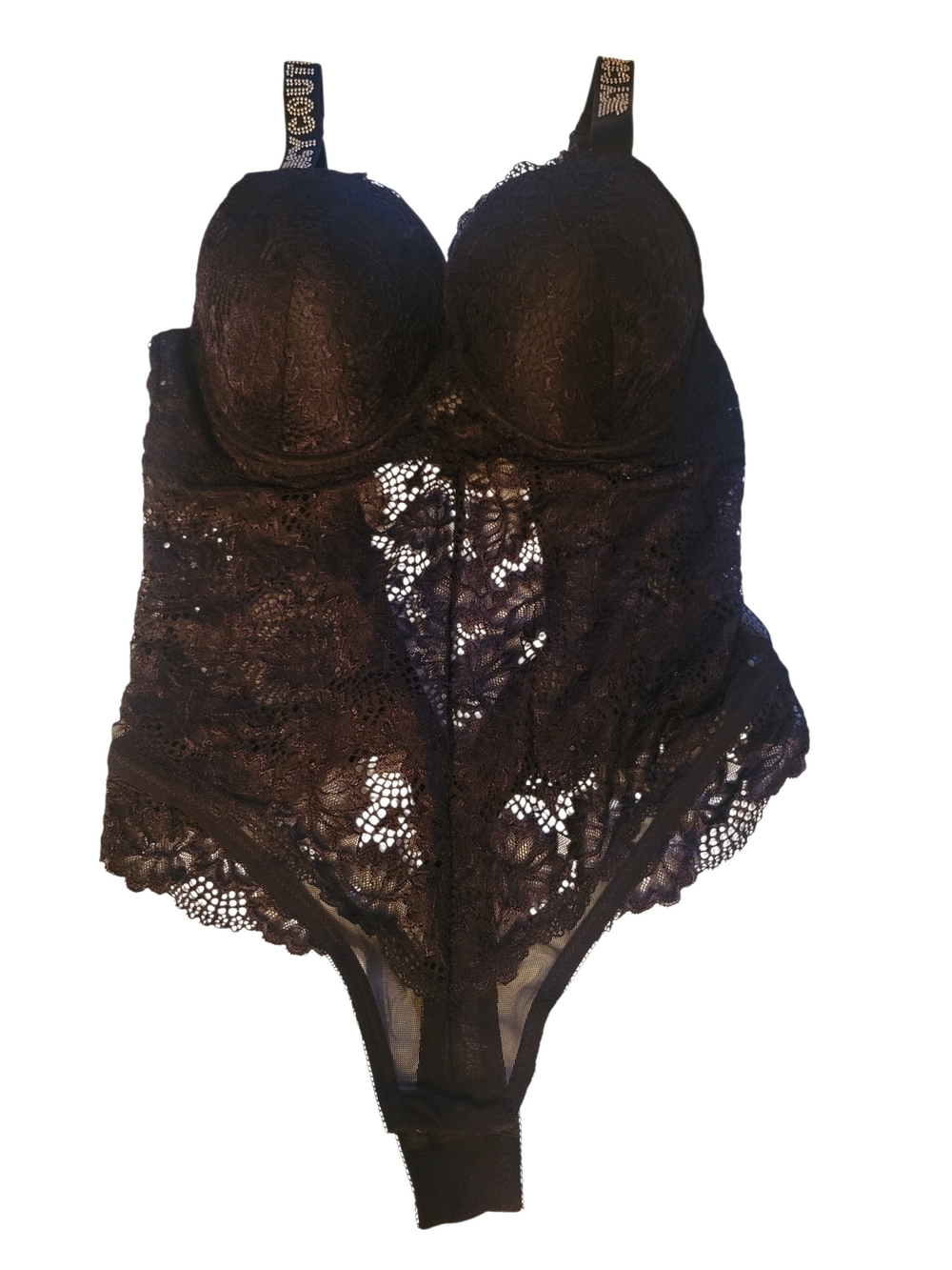 Juicy Couture Black Lace Thong Bodysuit with Embellished Straps